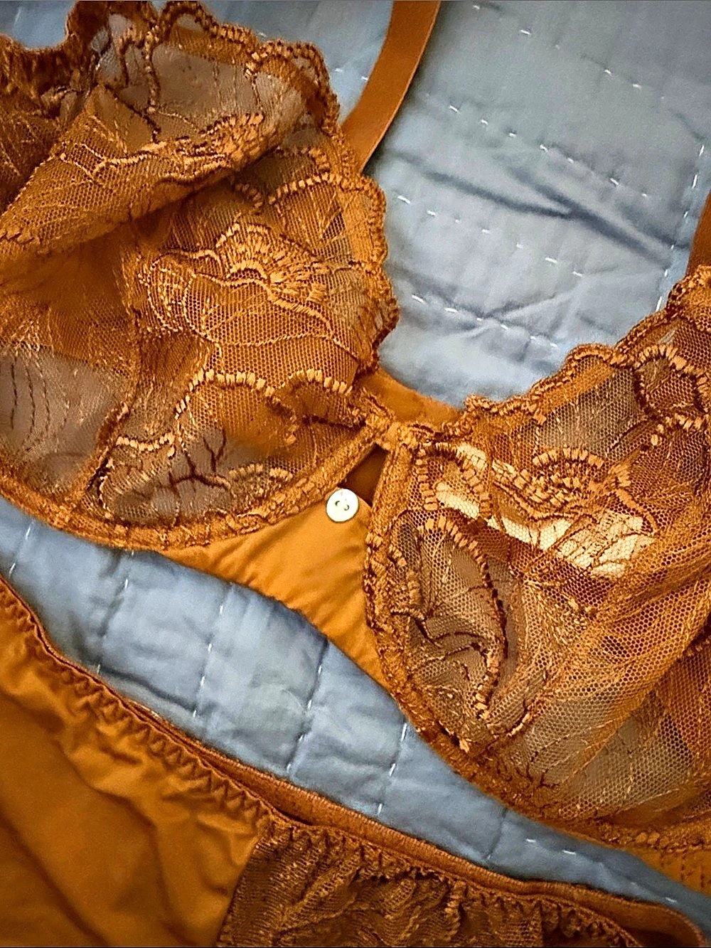 Maison Lejaby bronze Flora Demi-Cup Bra and thong Brief Set Orange 36D/XL - Picture 4 of 11
